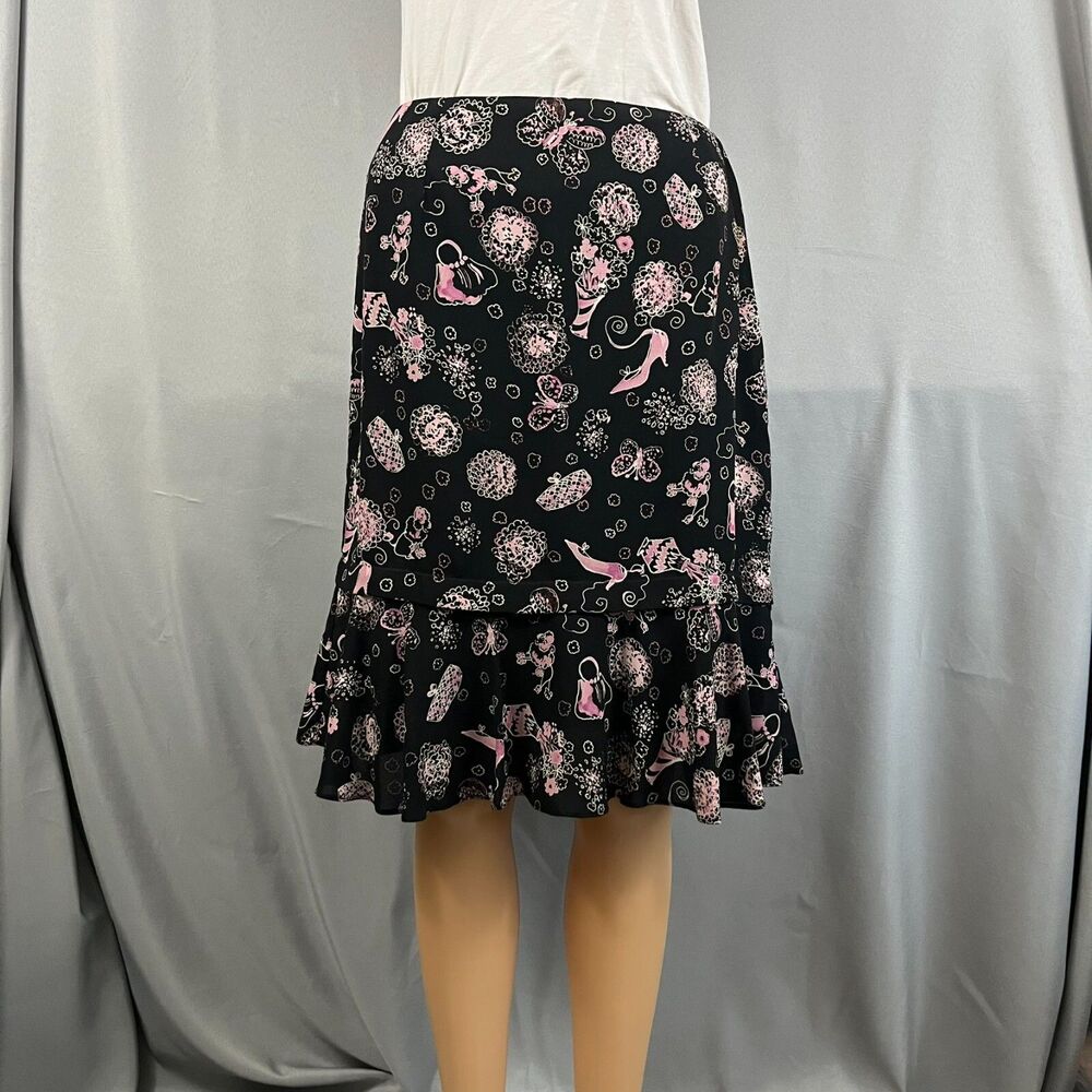 Vintage Elliott Lauren‎ Women's 8 Floral Midi Silk Skirt Ruffled Poodles Heels